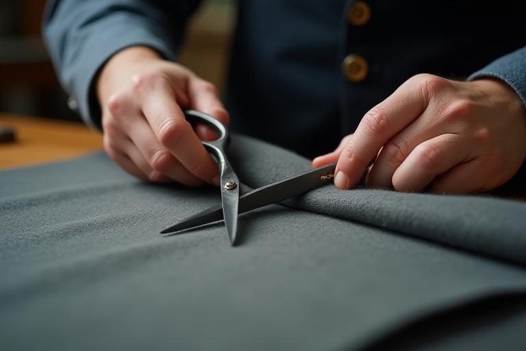 Mani esperte che tagliano un tessuto di lana finemente lavorato con forbici da sarto, simbolo di precisione artigianale.